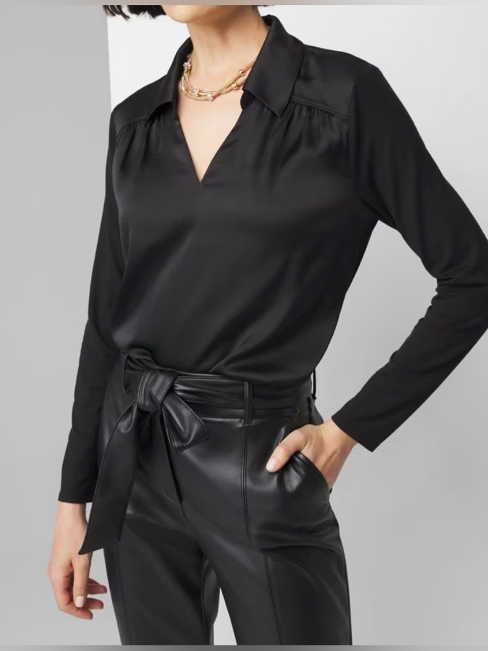 White House Black Market Black Satin V-Neck Blouse